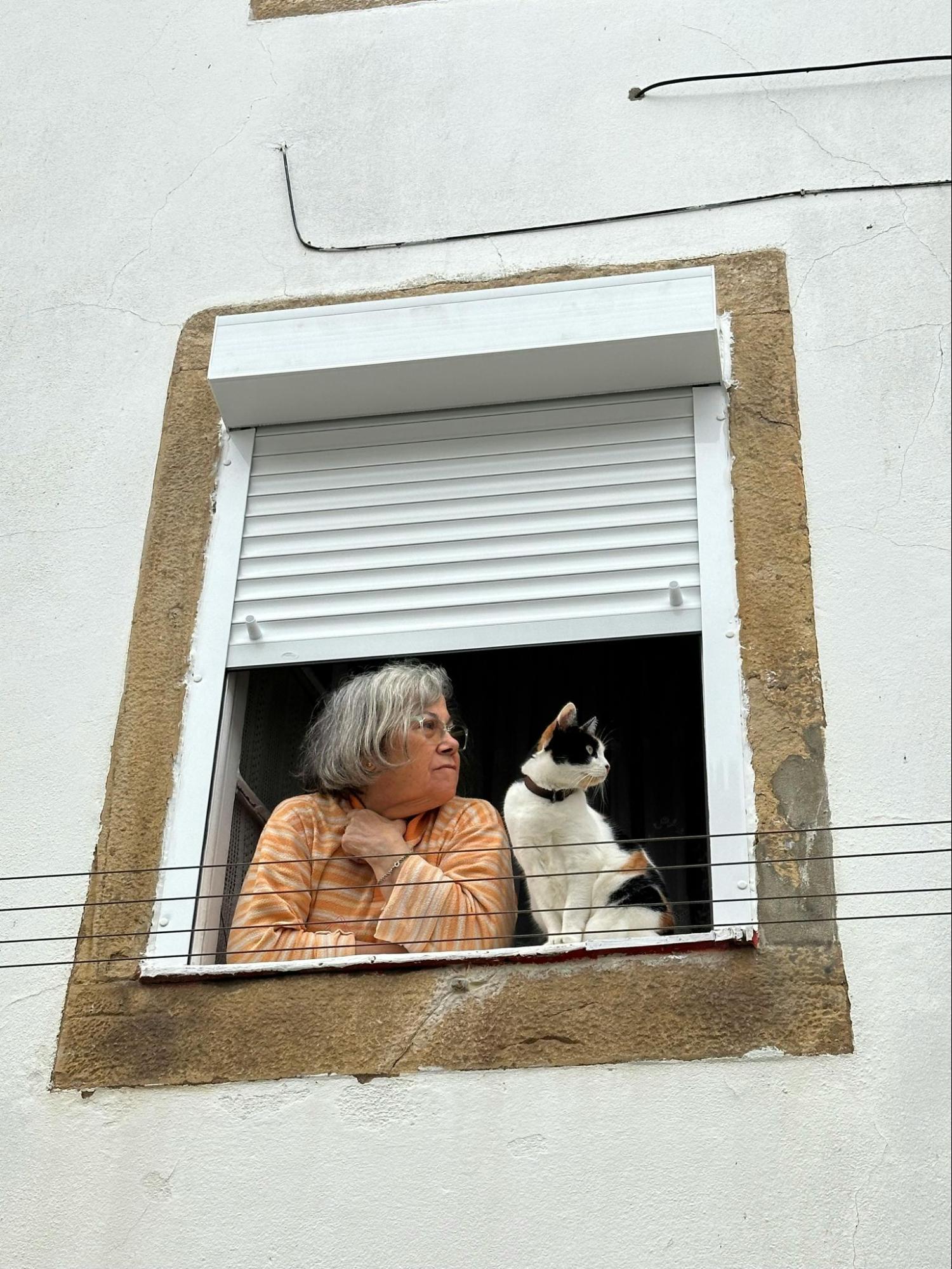 Woman Looking Out of Window with a Cat